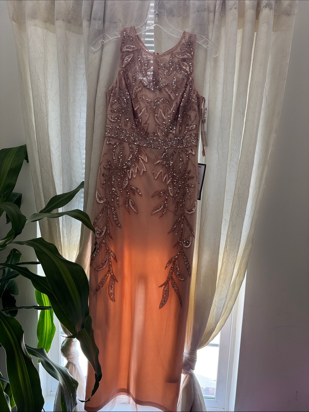 Papell Boutique Rose Gold Beaded Maxi Dress